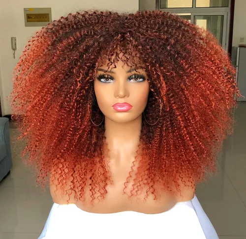 Vista 10 de Sweece - Peluca afro larga y rizada con flequillo para mujeres negras, peluca de cabello rizado de 17 pulgadas (17 pulgadas, negro)