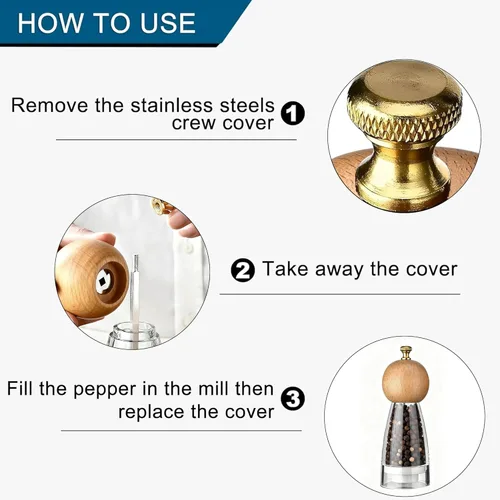 Vista 4 de Juego de molinillo de sal y pimienta, molinillo de sal y pimienta manual, juego de molinillo de pimienta con grosor ajustable, salero acrílico