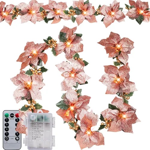 Vista 9 de Zubebe 2 Piezas Guirnalda de Flor de Pascua Preiluminada de Navidad con Luces de Cadena Hojas de Acebo con Purpurina Bayas Control Remoto