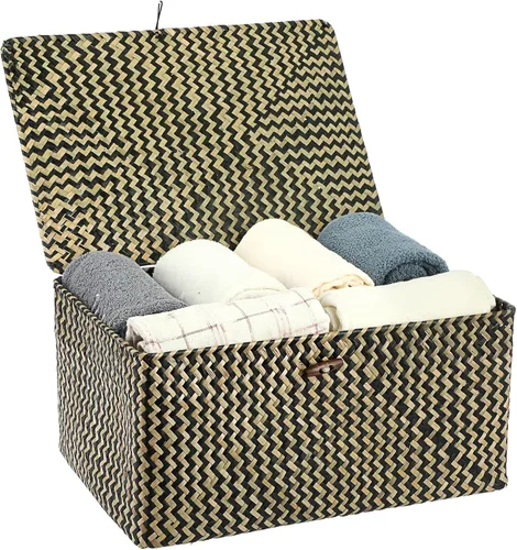 Vista 11 de Hipiwe Cesta de mimbre extra pequeña con tapa, cestas de almacenamiento de hierba marina natural, caja organizadora para el hogar, cesta