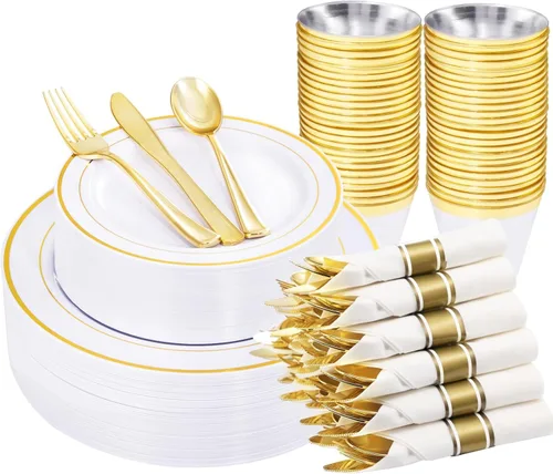 Vista 16 de WELLIFE 210 vajilla de plástico negro con servilletas preenrolladas, incluye: 30 platos llanos, 30 platos de postre, 30 servilletas de papel, 30