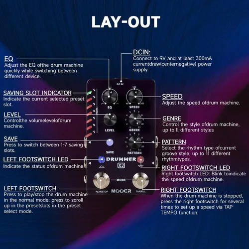Vista 6 de Pedal de guitarra con máquina de batería MOOER con 121 ritmos de batería, 11 estilos musicales, 7 ranuras de ritmo, función de relleno, botón