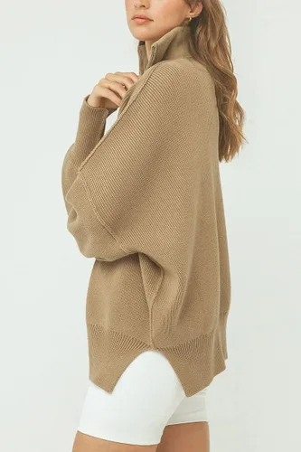 Vista 4 de EFAN Suéter de punto holgado de gran tamaño con cremallera de un cuarto para mujer, manga larga, cuello dividido, dobladillo dividido, suéter