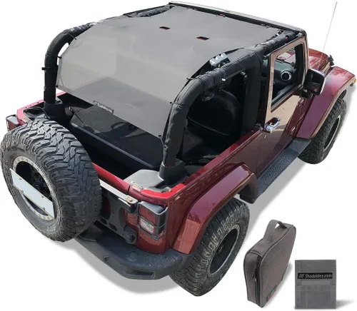 Vista 30 de Shadeidea - Parasol para vehículo Jeep Wrangler JK (2007-2018) de 2 puertas, delantero y trasero, pantalla de malla color negro, cubierta
