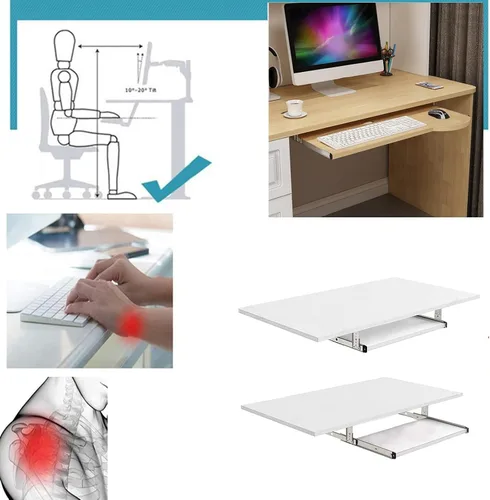 Vista 4 de V3VOGUE Bandeja ergonómica para teclado de madera, estantes de almacenamiento debajo del escritorio, cajón de teclado fácil de deslizar con riel