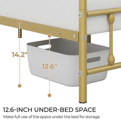 Vista 8 de Yaheetech Base de cama clásica de metal con base de colchón con estilo victoriano, cabecera, estribo, debajo de la cama, no necesita somier