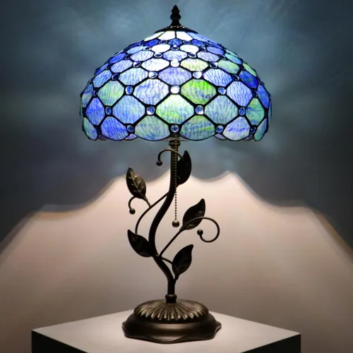 Vista 16 de Tiffany Lamp Red Tulip Style Stained Glass Table Lamp Desk Bedside Reading Light 12X12X19 Inches with Metal Leaf Base