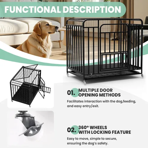 Vista 8 de Jaula resistente de 42 pulgadas con ruedas, perrera de acero indestructible con doble puerta, diseño a prueba de fugas para perros grandes, para uso