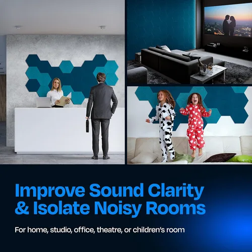 Vista 4 de Paneles acústicos de alta densidad para amortiguar sonidos, forma hexagonal, paquete de 12 unidades de 14" x 12.1" x 0.4", color turquesa océano