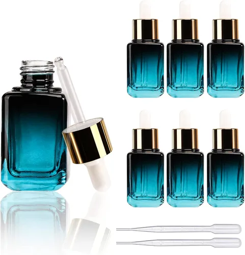 COSIDEA 6 piezas botellas de cuentagotas de vidrio azul gradiente vacías de 30ml / 1oz para envases de botellas de esencia de aceite de suero
