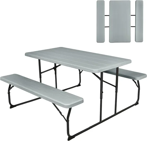 Vista 9 de GYMAX Mesa de pícnic, mesas de picnic plegables de 550 libras con bancos y asientos, resistente a la intemperie, mesa de picnic portátil de fácil