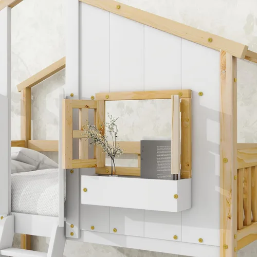 Vista 190 de Cama de casa de tamaño individual con elegantes ventanas y estantería, litera con diseño de castillo de madera con barandillas de seguridad
