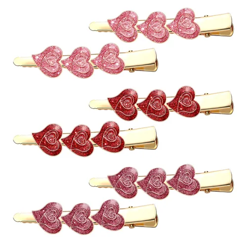 Vista 8 de Pinzas para el cabello para el día de San Valentín con purpurina en forma de corazón de cocodrilo, clip de metal con diamantes de imitación, esmalte