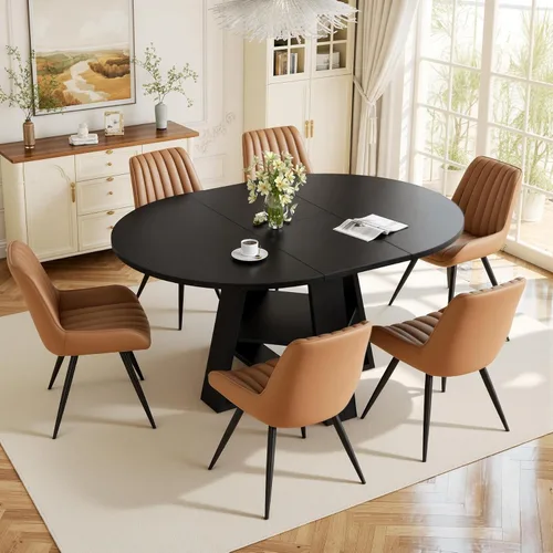 Vista 21 de Aivermel - Juego de mesa de comedor extensible redonda a ovalada para 4 a 6, mesa de cocina de madera con almacenamiento oculto y sillas tapizadas