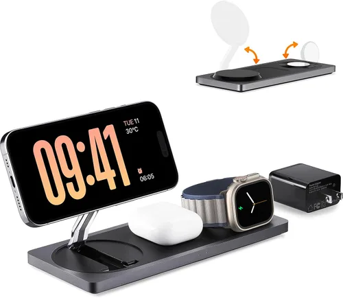 Vista 12 de Estación de carga 3 en 1 para dispositivos Apple: Usada para estación de carga de iPhone y reloj con soporte de cargador Magsafe, cargador