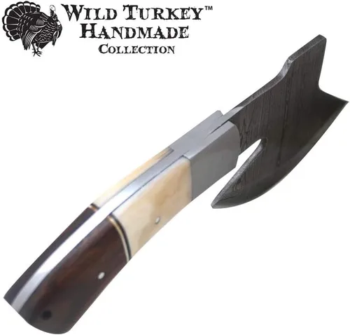 Vista 4 de Wild Turkey Handmade Damascus Steel Collection - Hacha de hoja fija de 9 pulgadas con funda de cuero