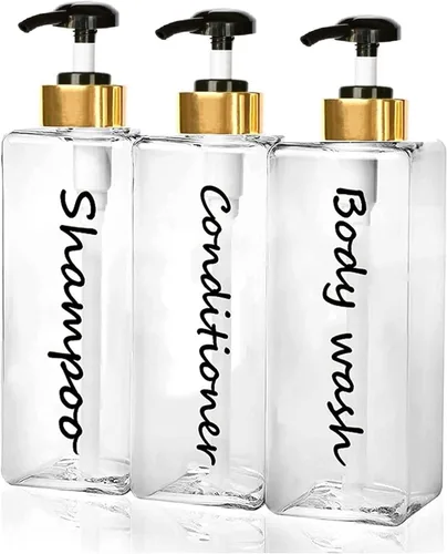 Vista 10 de Dispensador de champú – Botellas recargables de champú y acondicionador (transparente, juego de 3, 21 onzas) – Botellas de champú modernas