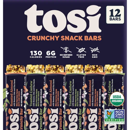 Vista 7 de Tosi Paquete variado de barras de proteína de almendra, a base de plantas con nueces, aperitivos crujientes sin gluten, veganas, orgánicas, semillas