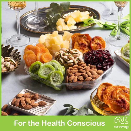 Vista 5 de NUT CRAVINGS - Cesta de regalo de frutas secas y frutos secos mixtos + cinta verde (7 surtidos, 2 libras) arreglo de alimentos, paquete de cuidado