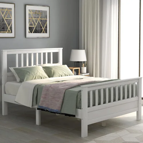Vista 3 de Harper & Bright Designs Base de cama de plataforma blanca de tamaño matrimonial con cabecero y estribo, marco de cama matrimonial de madera