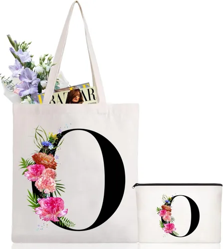 Vista 17 de Andeiltech - Bolsa de lona con inicial floral, personalizada, bolsa de maquillaje con monograma, regalo para damas de honor, cumpleaños, boda