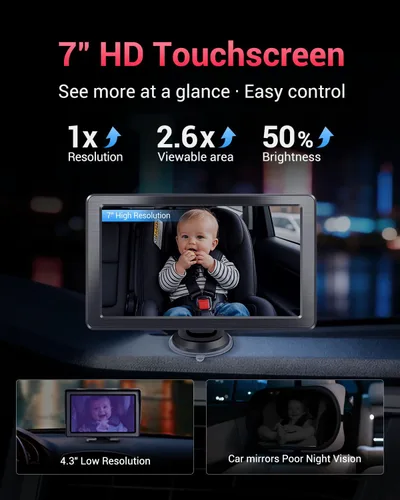 Vista 6 de Cámara de coche para bebé, monitor de bebé HD 1296P con pantalla táctil de 7 pulgadas, CarPlay, visión nocturna sin brillo, gran angular de 150°
