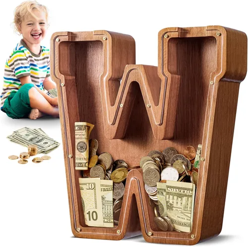 Vista 60 de SummiDate Alcancía de madera de letra para niños y niñas, Alfabeto, regalo de cumpleaños para niños (W)