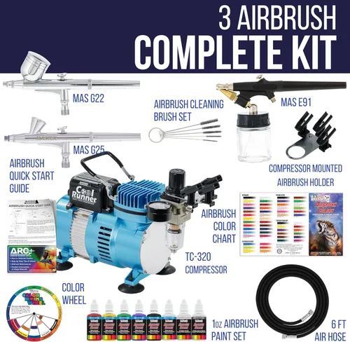Vista 2 de Equipo profesional de 3 sistemas de aerógrafo con compresor y kit de pinturas de 6 colores primarios, de Master Airbrush