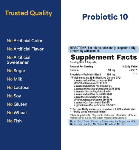 Vista 6 de Puritan's Pride Probiótico 10 con vitamina D para ayudar a apoyar la salud del sistema inmunológico, cápsula, 60 unidades, blanco