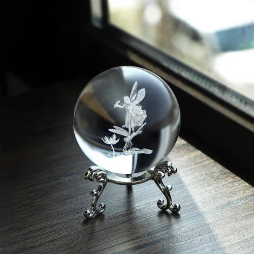 Vista 4 de HDCRYSTALGIFTS Figuras de hada de cristal láser 3D de 2.3 pulgadas con libélula y loto, bola de cristal pisapapeles con base de soporte, grabado 3D