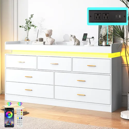 Vista 22 de jiteentarou Cómoda de 5 cajones con estación de carga y luces LED, cómoda moderna con toma de corriente, armario organizador para dormitorio, sala