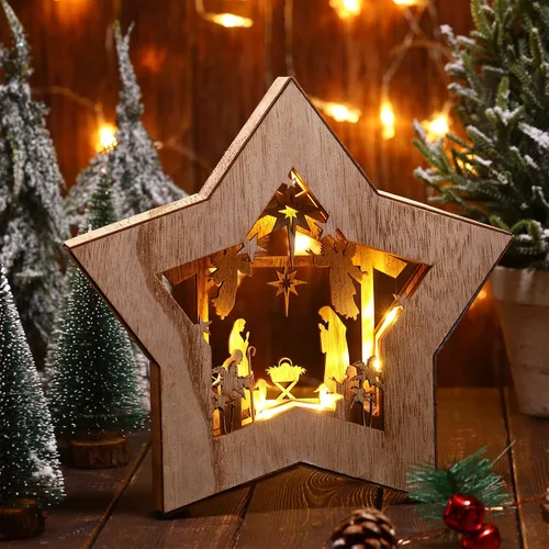 Vista 8 de Juego de belén de madera, juego de mesa de belén de Navidad, adorno de Navidad, decoraciones rústicas religiosas cristianas con luz LED