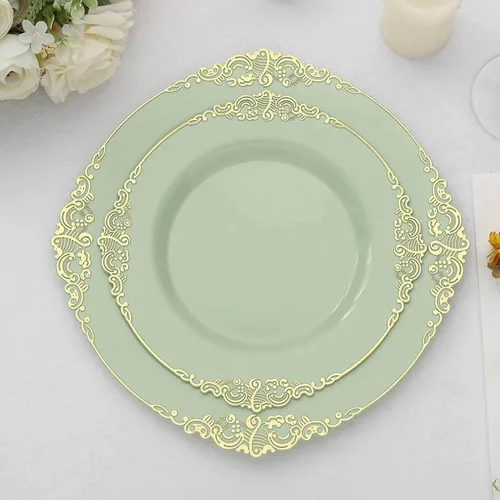 Vista 34 de Efavormart - Paquete de 10 platos redondos de plástico para ensalada de postre de 8 pulgadas, color negro/dorado, vajilla desechable con borde