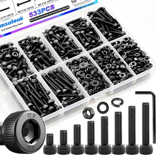 Vista 32 de mxuteuk Kit de surtido de 620 tornillos M3, kit de tornillos M3 adecuado para impresora 3D, 6/8/10/12/16/20mm grado 12.9 pernos de acero aleado