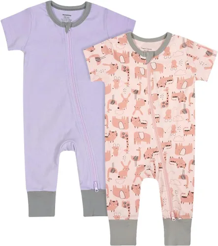 Teach Leanbh Pijama sin pies con cremallera de 2 vías para bebés, niños y niñas, de algodón, con estampado de manga corta, para dormir y jugar