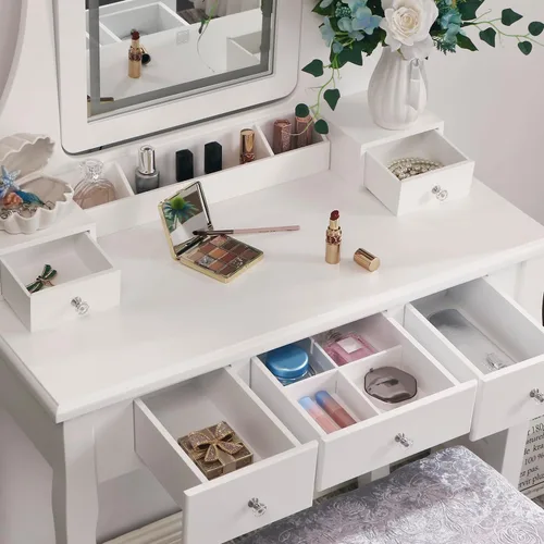 Vista 4 de BEWISHOME Tocador, Juego de tocador para niñas con espejo y luces, pequeño tocador de maquillaje con 5 cajones y taburete, mesa de tocador con 3