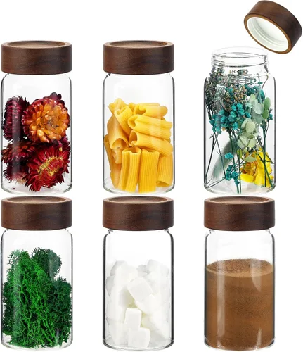 Vista 17 de Frascos de vidrio para café, tarros para especias, frasco de almacenamiento redondo con tapa de madera, frasco de vidrio transparente para alimentos