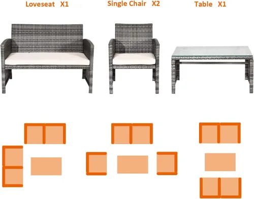Vista 6 de Goplus Juego de muebles de ratán para patio, 4 piezas, sofá y mesa de mimbre para exteriores con cojines suaves y mesa de centro de vidrio templado