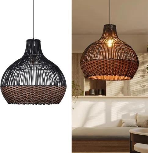 Arturesthome Luces Colgantes de Ratán Negro, Candelabro de Mimbre Boho Accesorio de Iluminación de Cesta, Lámpara Colgante Grande de Tejido Natural