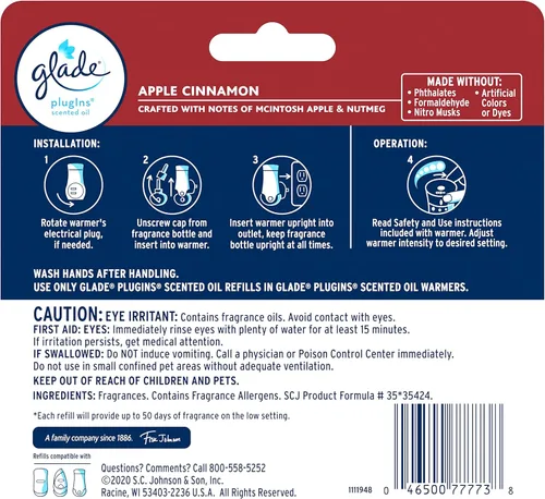 Vista 2 de Glade PlugIns - Repuestos de ambientador, aceites esenciales perfumados para el hogar y el baño, aroma Apple Cinnamon, 3.35onzas líquidas, 5unidades