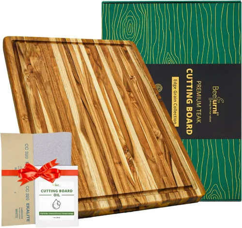 Vista 9 de BEEFURNI Tabla de cortar de madera de teca con agarre de mano (M, 20 x 15 x 1.25 pulgadas), tablas de cortar grandes de madera para cocina, tabla