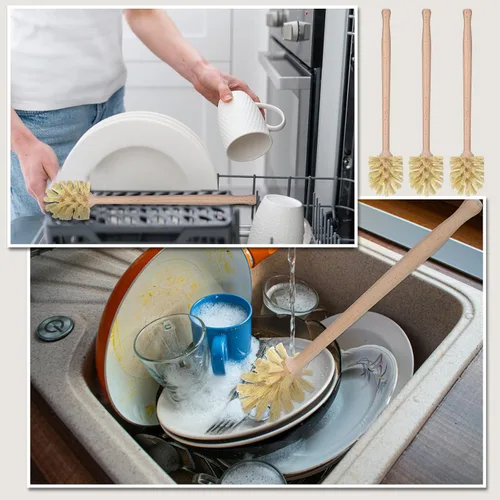 Vista 6 de Gejoy 6 cepillos de madera natural con cerdas largas de mango de madera de haya para limpiar botellas, tazas, tarros, vasos, platos, jarrones