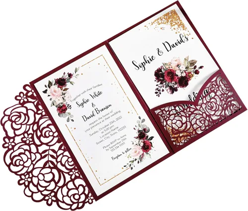 Vista 12 de Kit de invitaciones de boda de 4.7 x 7 pulgadas, 50 unidades en blanco, color burdeos, corte láser, tarjetas de invitación de boda con sobres