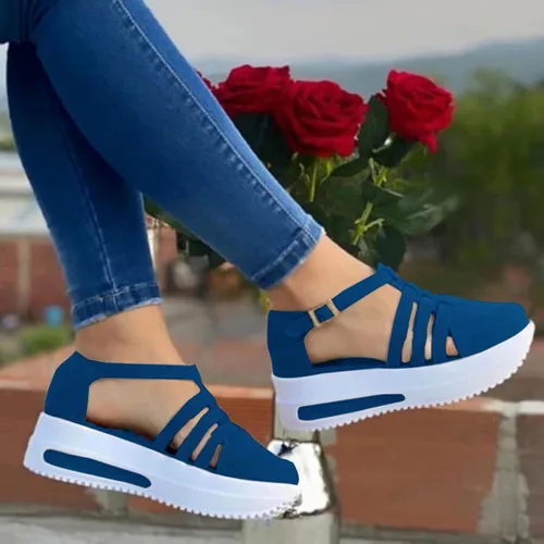 Vista 2 de Sandalias para mujer, sandalias de plataforma con puntera abierta, sandalias ortopédicas de tiras con hebilla de tobillo