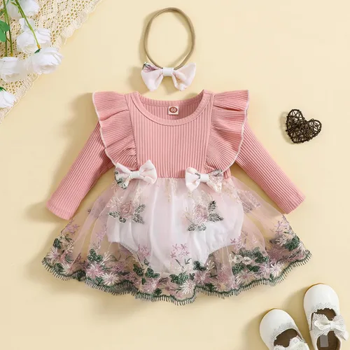 Vista 2 de Mameluco de manga larga con volantes para bebé niña, mameluco bordado de malla, vestido tutú para otoño