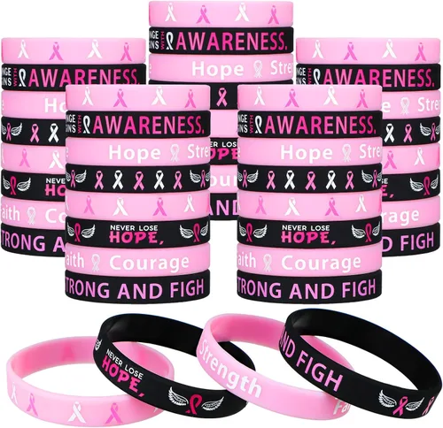 Vista 6 de 100 pulseras de concientización sobre el cáncer de mama, pulseras de silicona con cinta rosa para concientización sobre el cáncer de mama