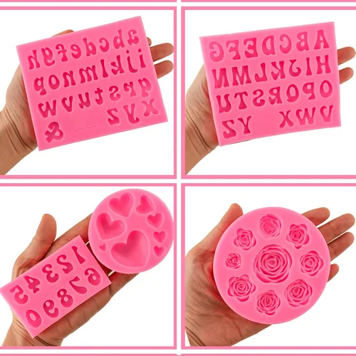Vista 6 de Moldes de letras del alfabeto, 5 piezas de letras y números, forma de corazón, flores, molde de silicona para fondant de chocolate, arcilla