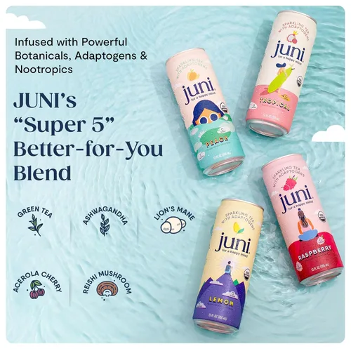 Vista 3 de JUNI Paquete de té espumoso de limón y frambuesa, elaborado con una mezcla de 5 súper adaptógenos y nootrópicos (paquete de 24)