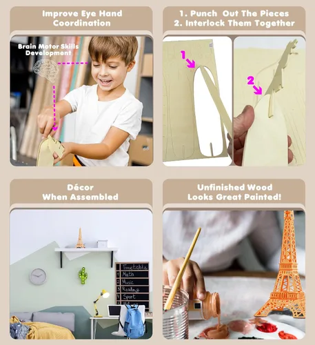 Vista 3 de Puzzled Rompecabezas 3D, torre Eiffel, kit de modelo de construcción de madera, divertido y educativo, juguete de madera para armar