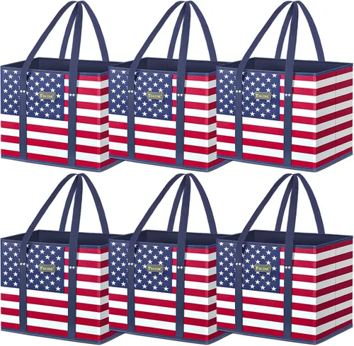 Vista 17 de BALEINE Paquete de 3 bolsas de comestibles reutilizables, bolsas de compras plegables para comestibles con parte inferior reforzada y asas (azul)